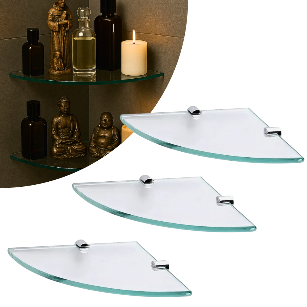 Kit 03 Prateleiras Multiuso Vidro para canto - Vidro Incolor com Suporte Metal Porta Objetos em Oferta na Shopee