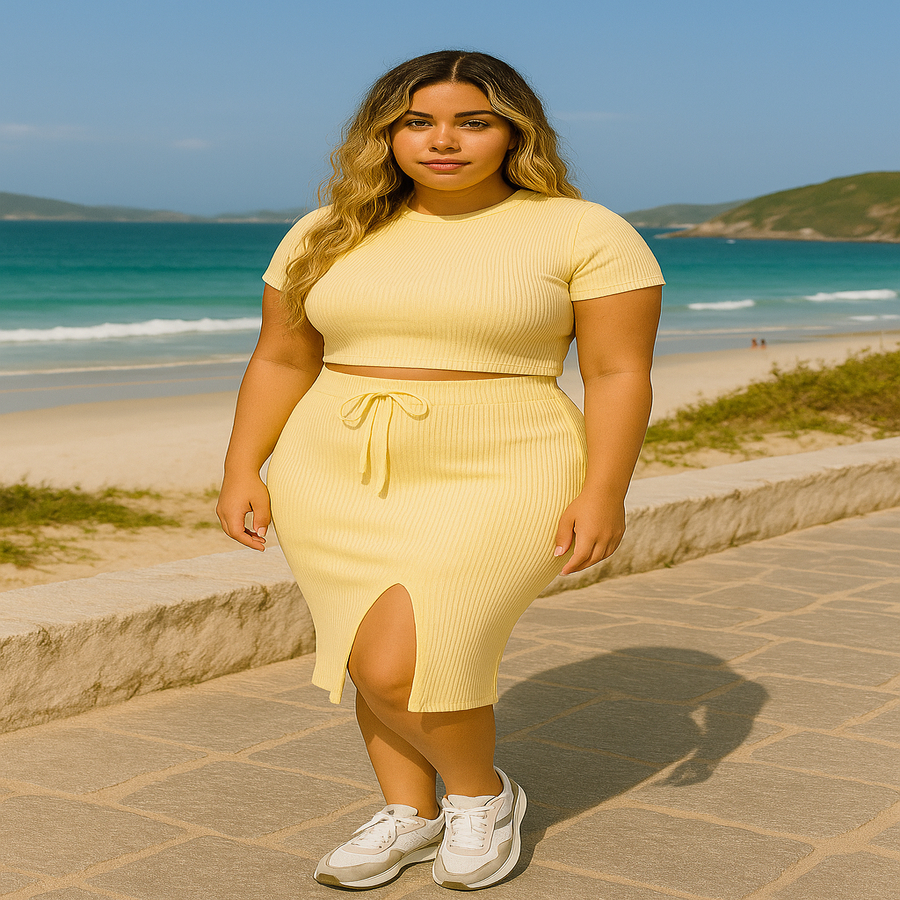 👼✨ Conjunto Angelical – Saia Canelada + Cropped Manga Curta Look moderno, confortável e versátil