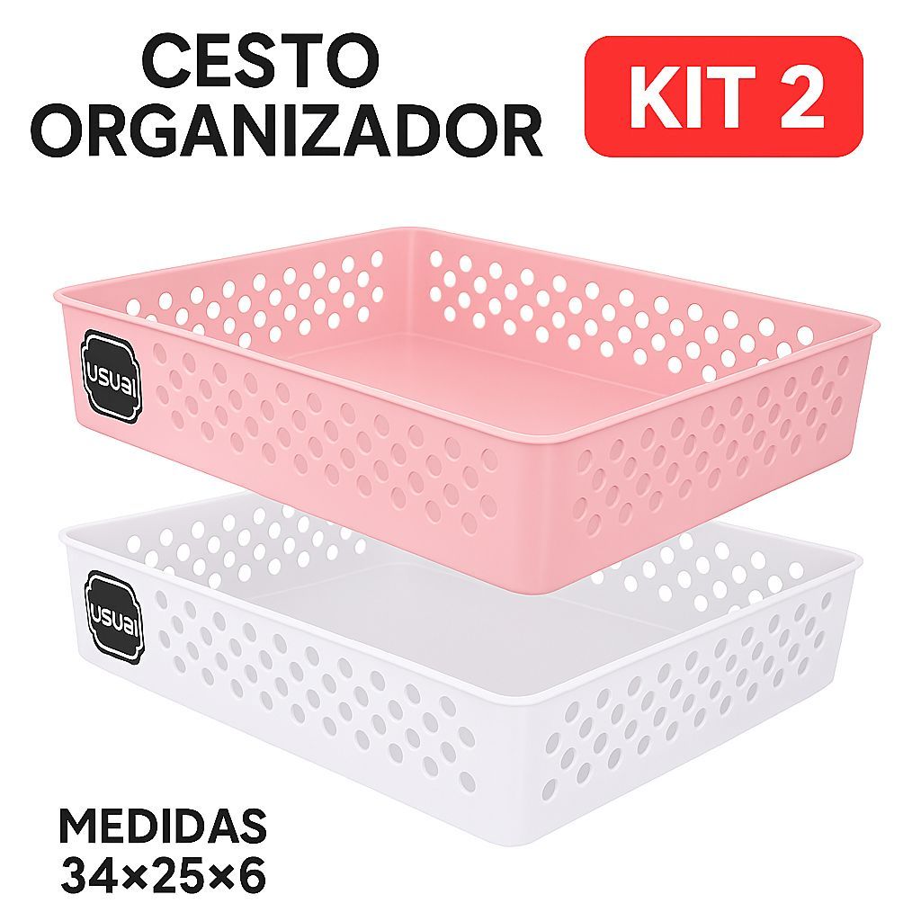 Kit 2 Cestos Organizador Caixa Organizadora 34x25,5x6,5 Multiuso Gaveta Usual Utilidades
