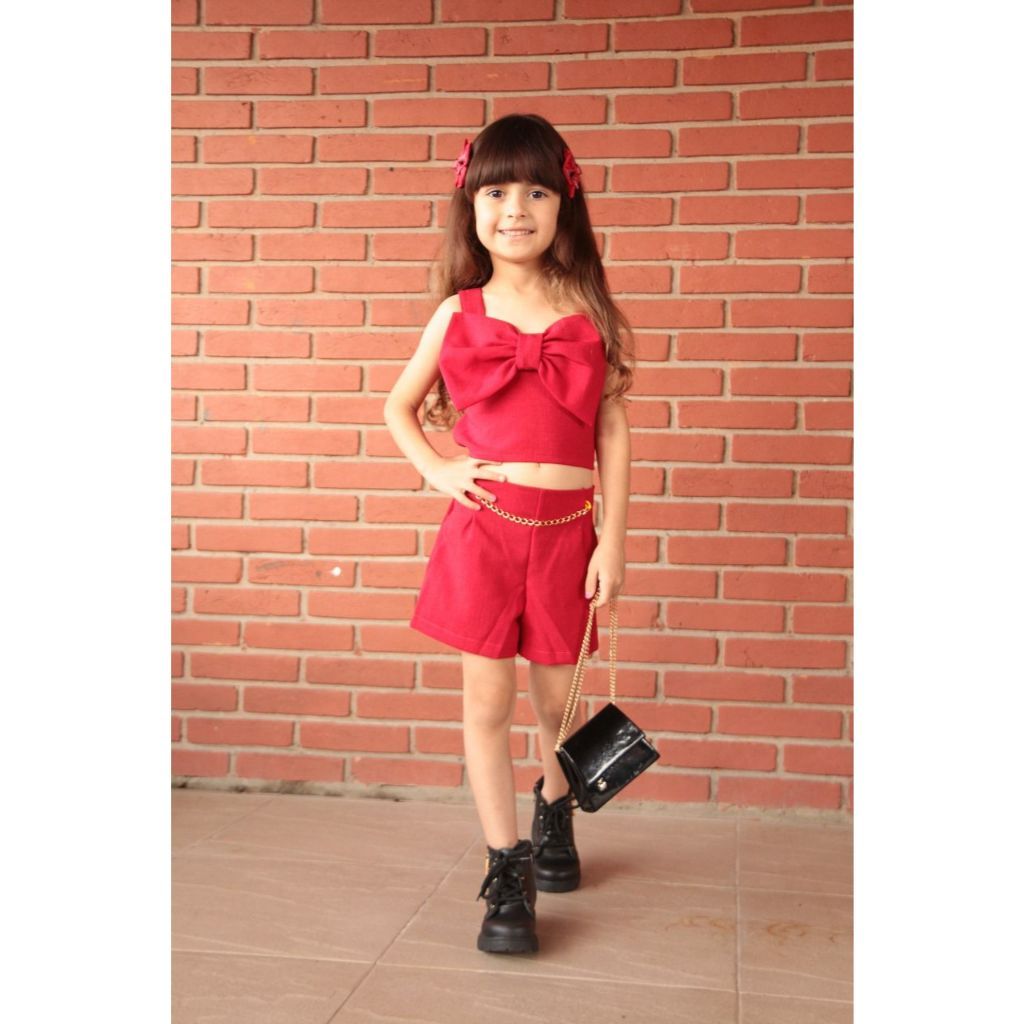 Conjunto Infantil Feminino Moda Blogueirinha Cropped Laço Short Elegante - ENVIO IMEDIATO !!!