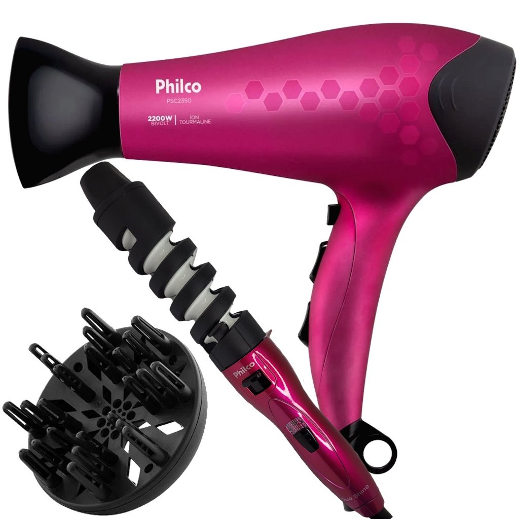 Secador de Cabelo Philco Profissional 2200w Tourmaline Íon Quente Frio Stilo Difusor Cachos Modelador Philco Duo