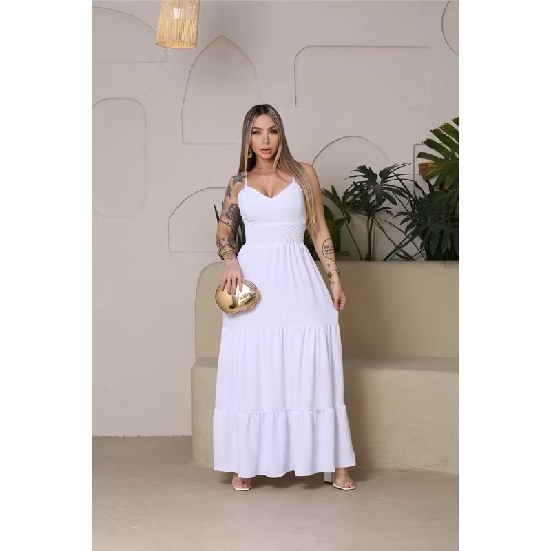 Vestido Longo Feminino Leve Confortável Alcinha para Festa Jantar Passeio e Dia a Dia