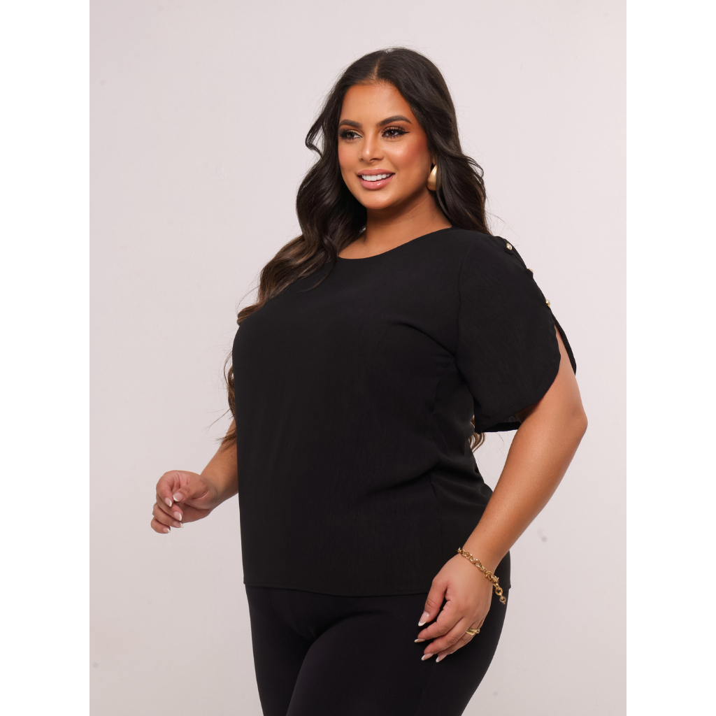 Blusa Feminina Plus Size Botões Na Manga Forrada Curve Premier EG G1 G2