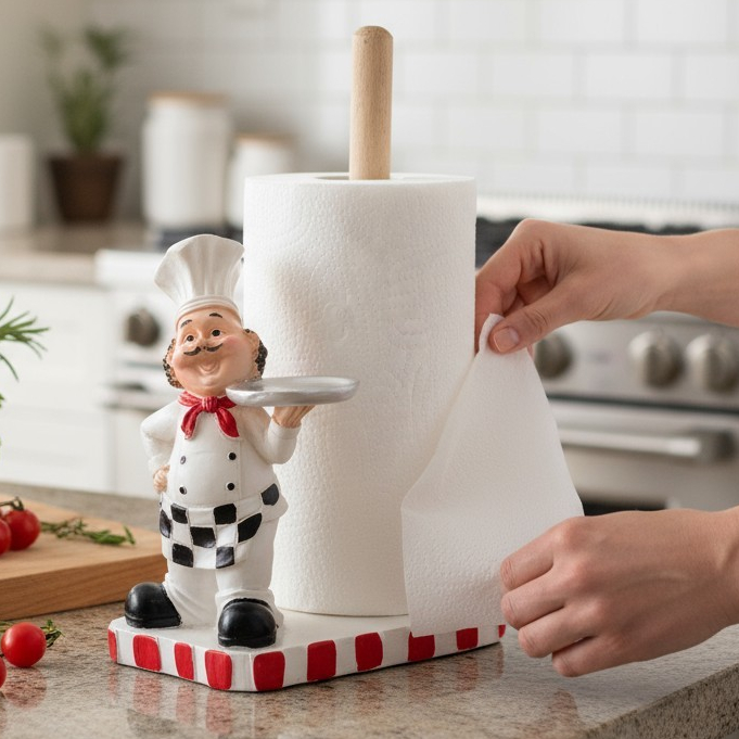 Porta Papel Toalha Chef Resina e Haste de Madeira | Cozinha Gourmet em Oferta na Shopee