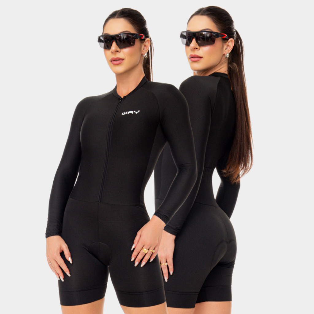 Macaquinho Ciclismo Feminino Manga Longa Preto Acolchoado Slim Macacao Bike Mtb