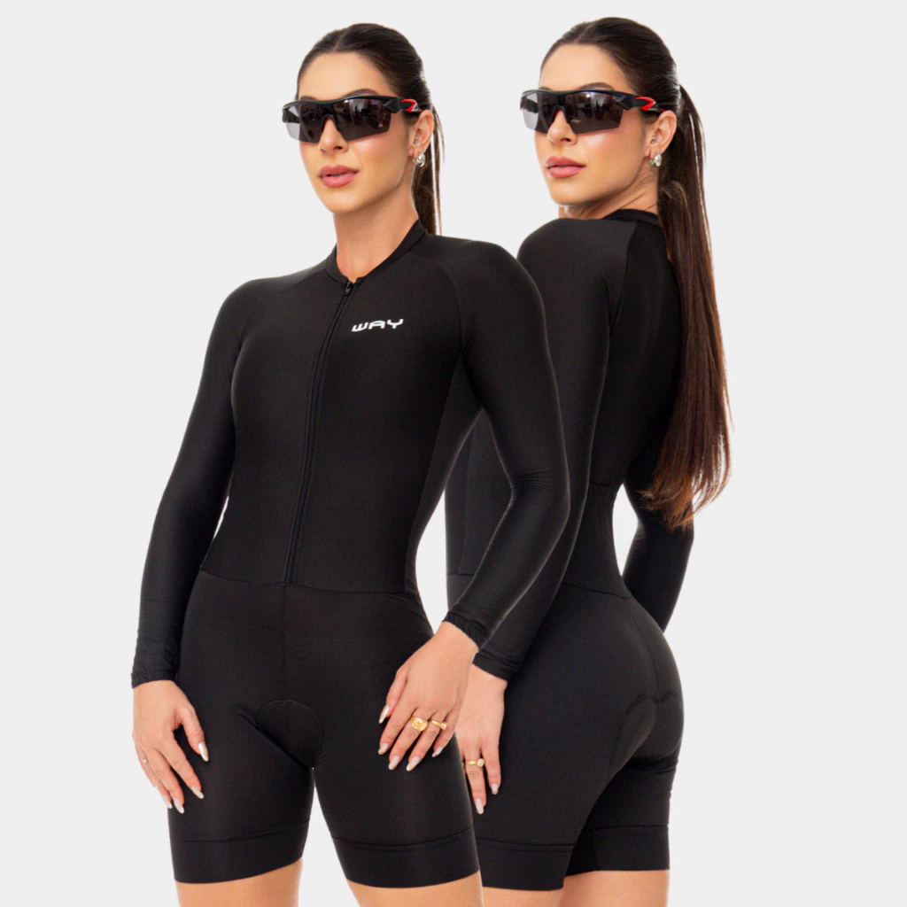 Macaquinho Ciclismo Feminino Manga Longa Preto Acolchoado Slim Macacao Bike Mtb