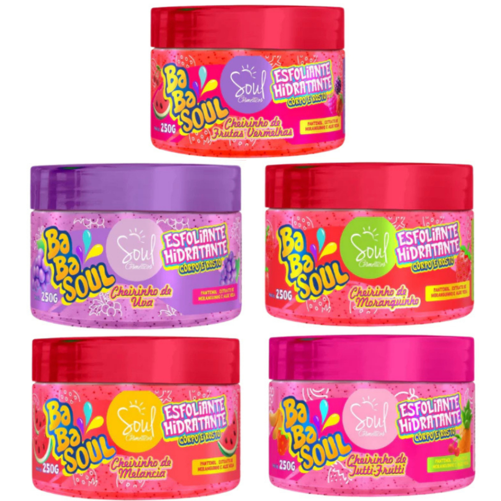Kit 05 Esfoliante Hidratante Corpo & Rosto Babasoul 250g Soul Cosméticos Auxilia no Clareamento de Áreas Escuras