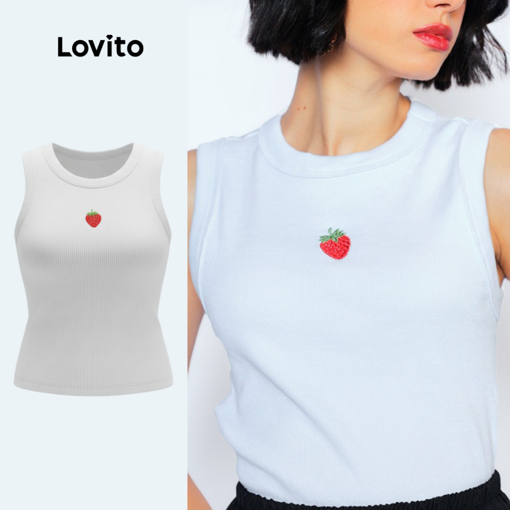 Lovito Regata Branca Basica Pequeno Bordado de Morango Feminino LB1385BRL1415 em Oferta na Shopee