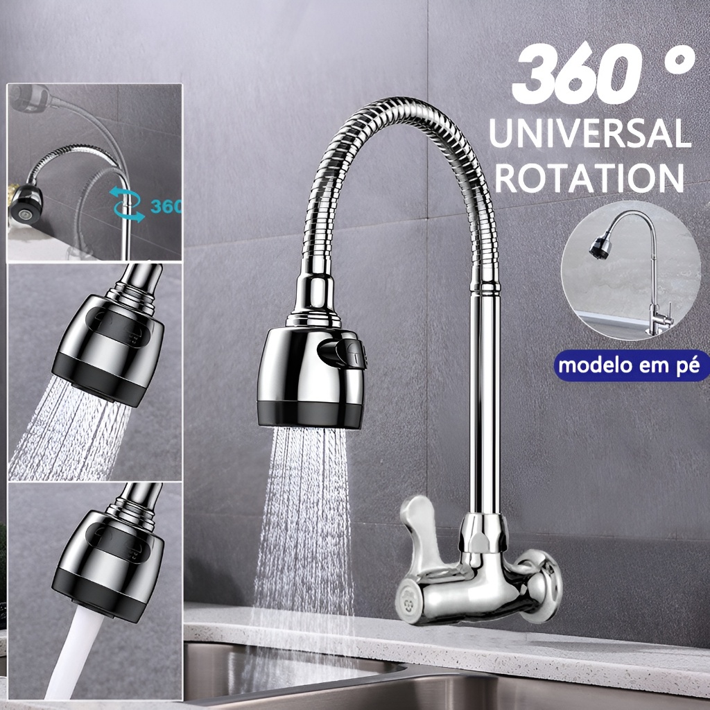 Torneira De Cozinha Gourmet Bancada Montada Na Parede Flexível 1/4 Volta Cromada