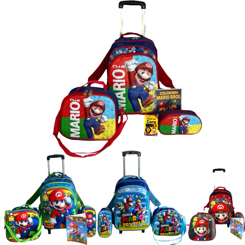 Kit Mochila Mario Bros escolar rodinhas carrinho removível menina menino reforçada impermeavel