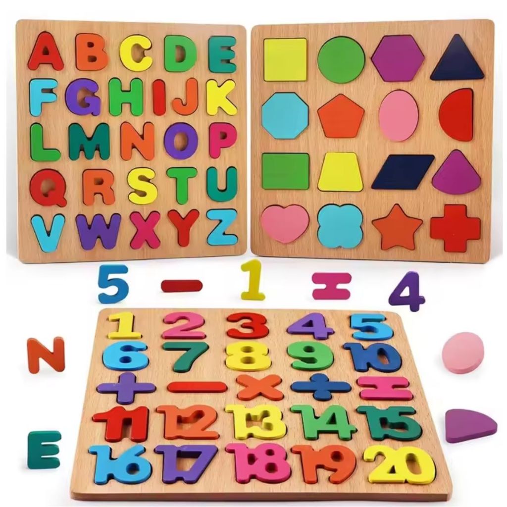 BAMBULUÁ Kit 3 Brinquedo Tabuleiro Placa Peças Encaixe Madeira ALFABETO NÚMEROS FORMA GEOMÉTRICA em Oferta na Shopee