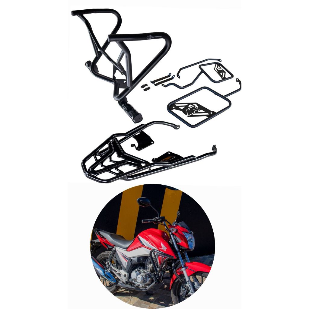 KIT PROTETOR DE CARENAGEM+AFASTADOR DE ALFORGE+BAGAGEIRO LONGO TITAN/FAN 160 2015 A 2024 PRETO
