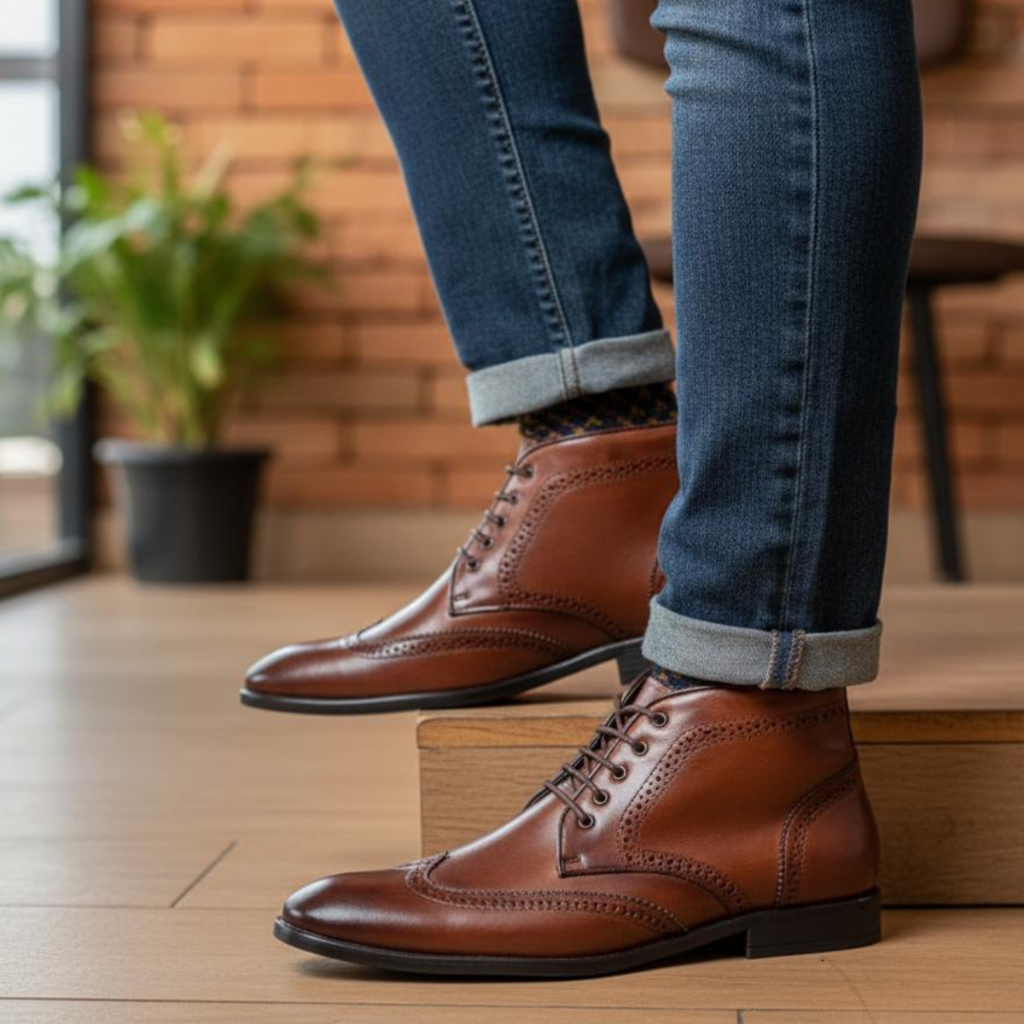 Bota Masculina em Couro Legitimo Cano Curto Amarração Brogue Conforto Moderna Para Dia a Dia