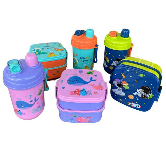 Kit Marmita Lancheira Com Garrafa Bico Duplo Estampas Divertidas Infantil em Oferta na Shopee