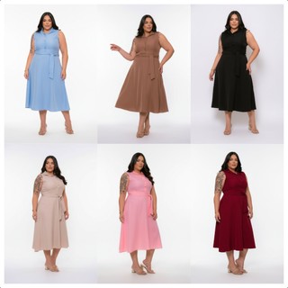 Vestido Plus Size Sem Manga com Cinto | Modelagem A-line | Tecido Luis Twill | Midi G1–G3 (6 Cores)