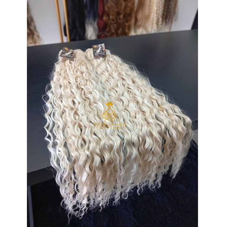 Aplique de Cabelo na Tela Mega Hair Natural Fibra Russa Cacheado Loiro Claríssimo 613 50cm Premium Bella Hair