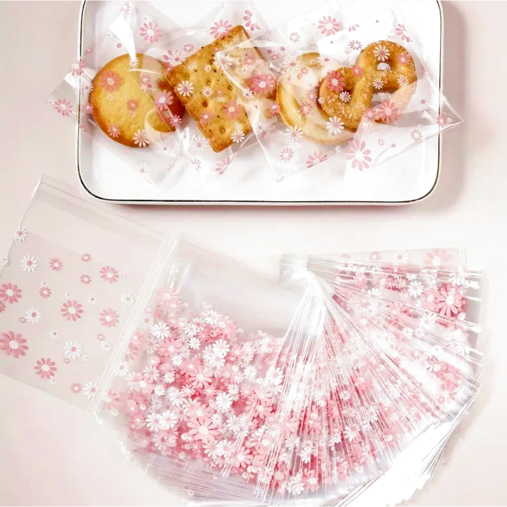 25/50 Uni Saco / Saquinho Plástico Adesivado com Margaridas/Flores Rosas e Brancas Transparente 7x7 e 10x10 para Doces