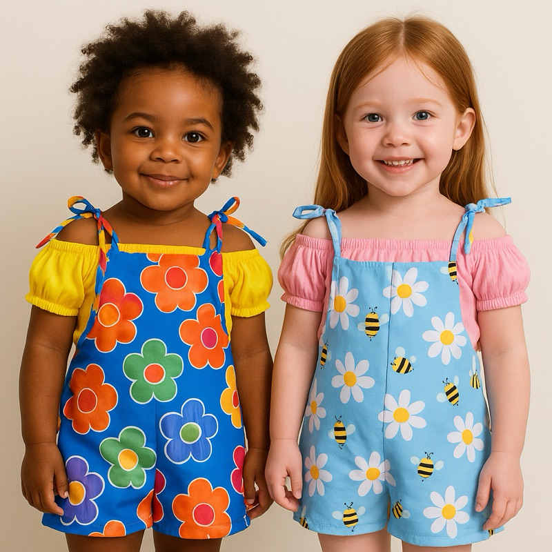 Conjunto Infantil Jardineira Salopete Estampada com Blusinha Ombro a Ombro Menina Verão - Estampa Sortida