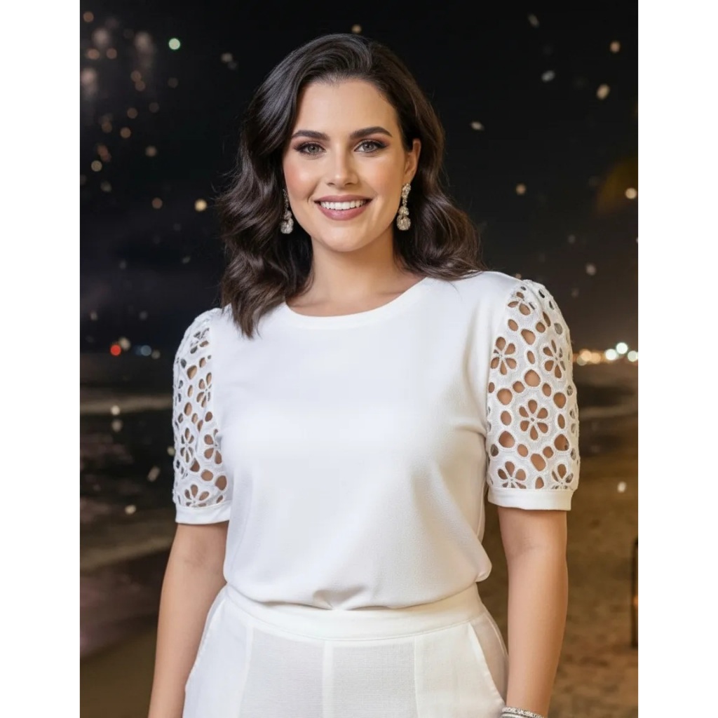 Blusa Feminina Plus Size Manga Curta de Renda Guipir Blusinha