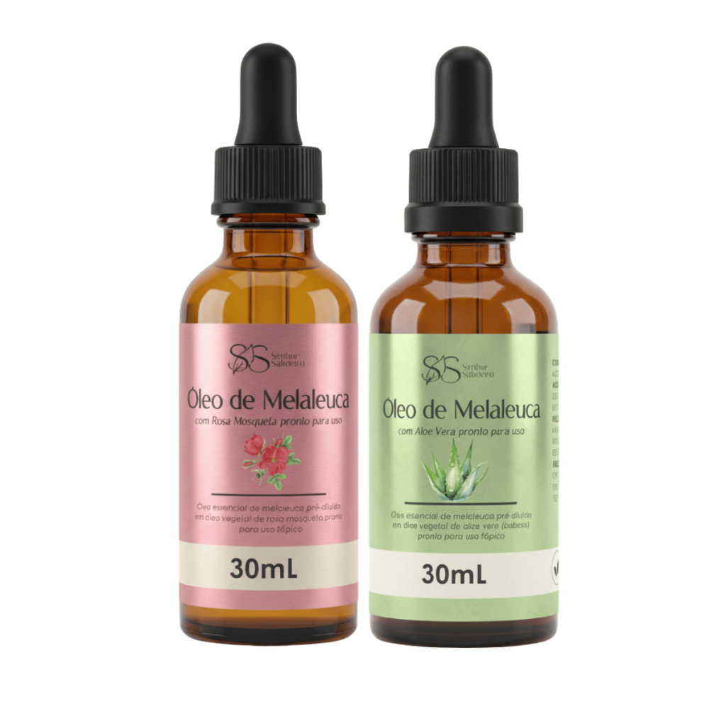 Kit 2 Óleo Essencial de Melaleuca com Rosa Mosqueta e com Aloe Vera Pronto p/ Uso 30 mL cada