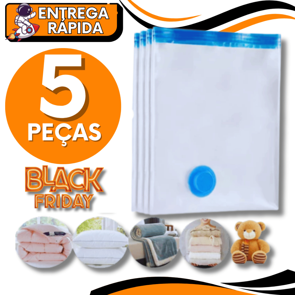 Kit 05 Unidades - Saco a Vácuo 60x80cm Roupas Edredom Organizador Economia de Espaço Premium Utilidades