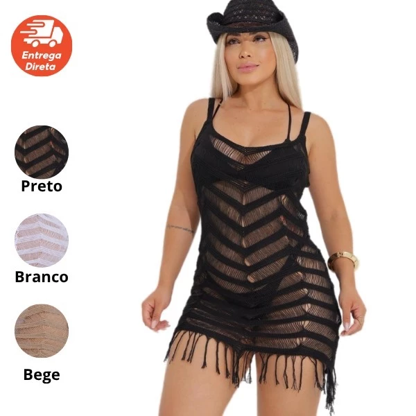 Saída de Praia Vestido com Franja Tricot Verão Praia Piscina com Alça Look Verão Vestido Feminino — imagem 1