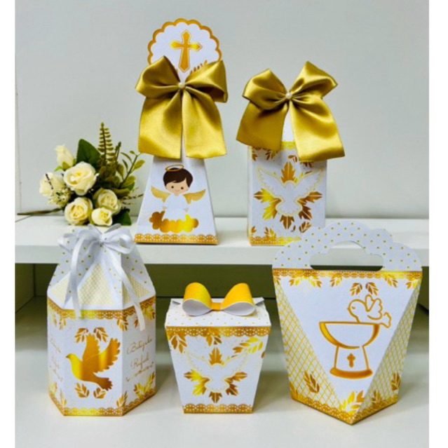 Kit Festa Batizado Dourado- Batizado-PEGUE E MONTE- Caixinhas Personalizadas-Lembrancinhas Personalizadas-Aniversário