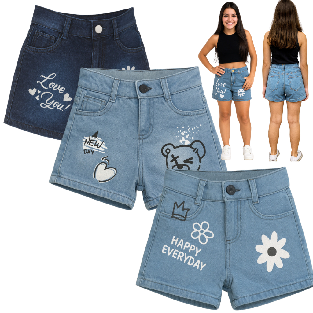 Kit 3 Shorts Jeans Estampados Menina 10–16 Anos com Elastano Super Confortável