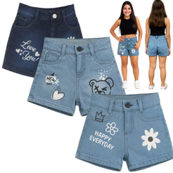 Kit 3 Shorts Jeans Estampados Menina 10–16 Anos com Elastano Super Confortável