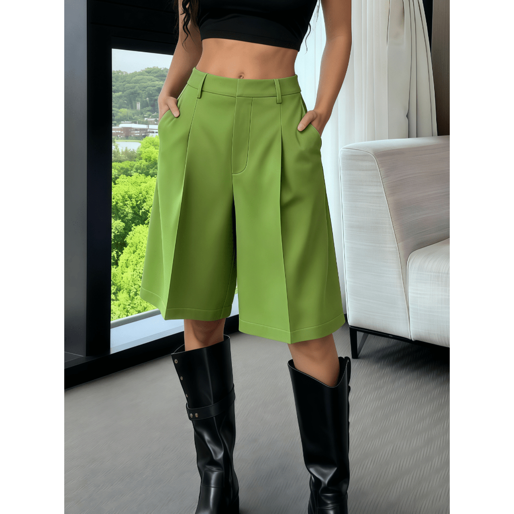 Bermuda Feminina Casual Solta de Perna Larga, Cor Sólida, Adequada para Verão, Outono,P M G em Oferta na Shopee