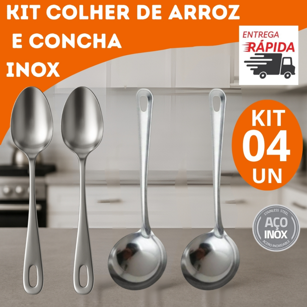 Kit  Conjunto Utensílios de Inox  Duas Concha e Duas Colheres de Arroz Para Cozinha, Restaurantes e Buffets