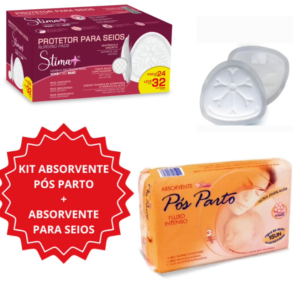 KIT MATERNIDADE ABSORVENTE PÓS PARTO 15 UN + ABSORVENTE PARA SEIOS C/ FITA ADESIVA 32 UNIDADES