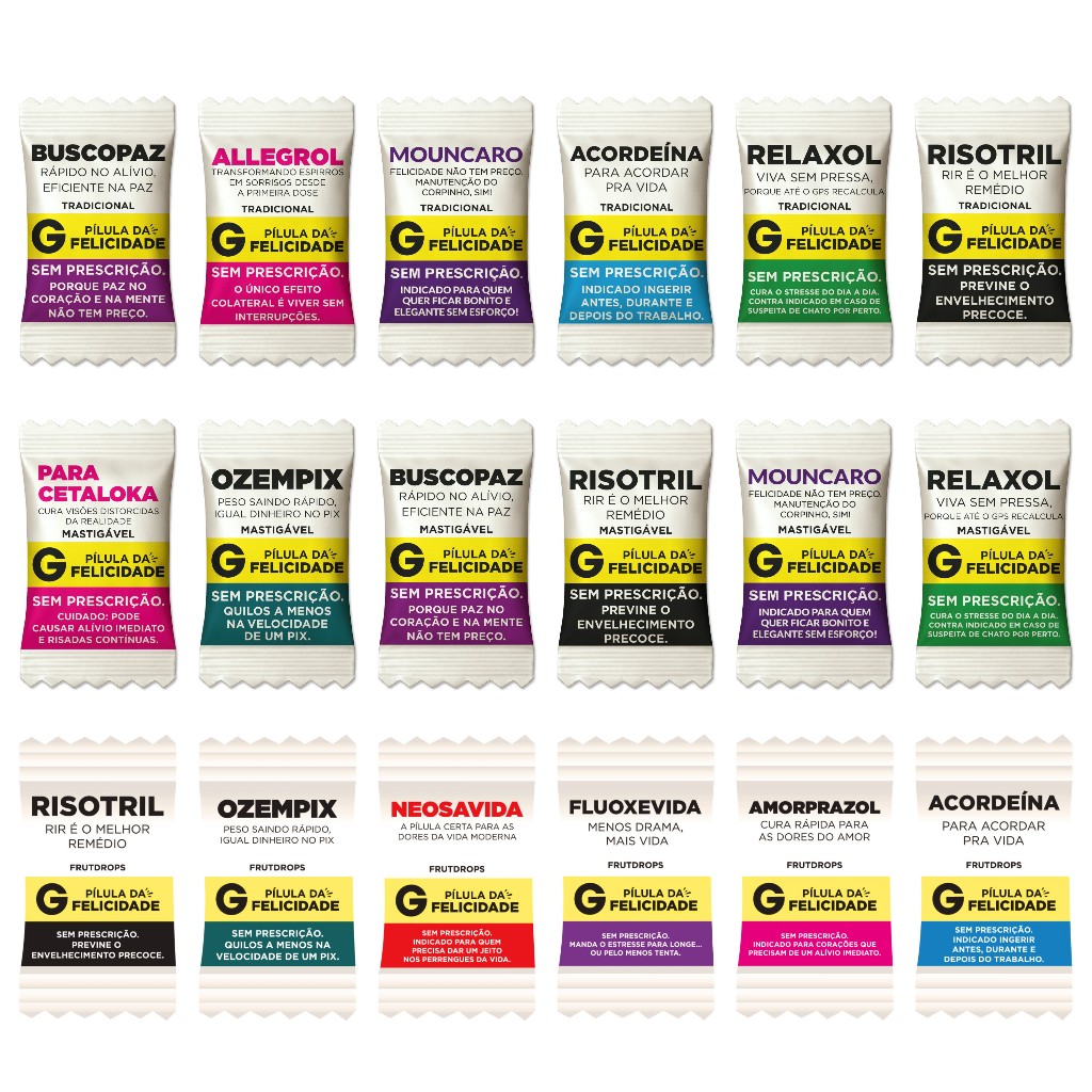 Kit Festa Balas Pílulas Felicidade Divertidas (Balas Soft, Drop, Mastigável Já Personalizadas) em Oferta na Shopee