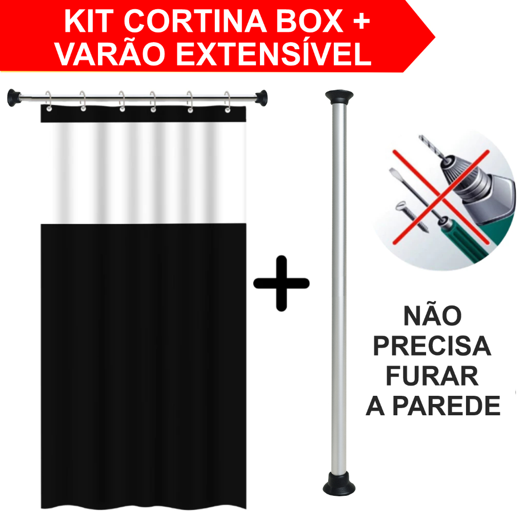 Kit Cortina Box Banheiro Varias Cores + Suporte Varão Extensivel em ALUMINIO Ajustavel 60cm a 2,0m em Oferta na Shopee