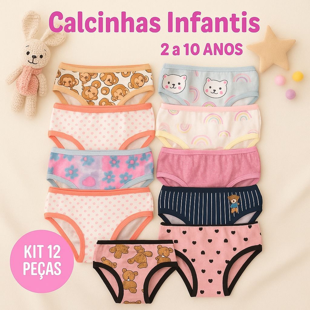 Kit até 10 Calcinhas Infantil Menina Lisa e Estampada Confortável Algodão |Tamanho 4 a 10 anos Para Dia a Dia Escola