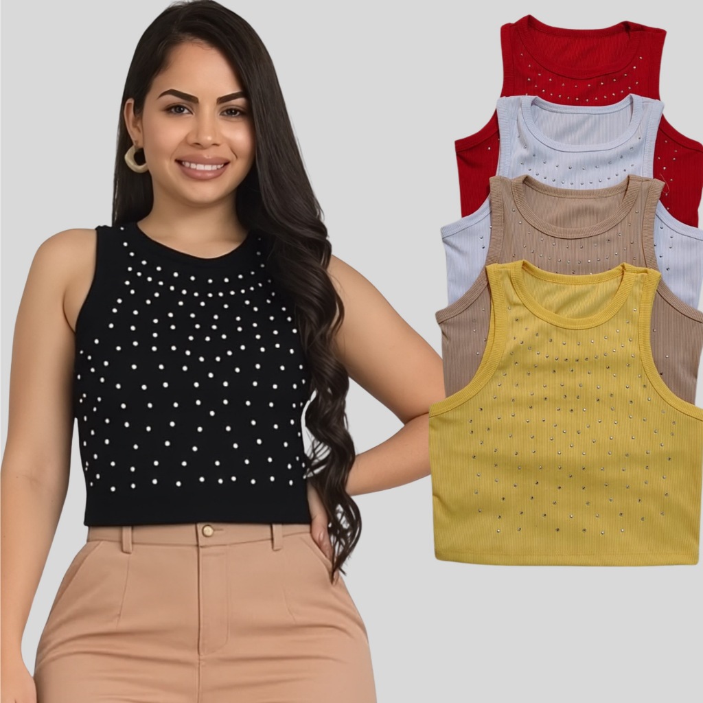 Cropped Regata Feminina Ribana Strass Brilhante Blogueira Canelado Lançamento Tendência