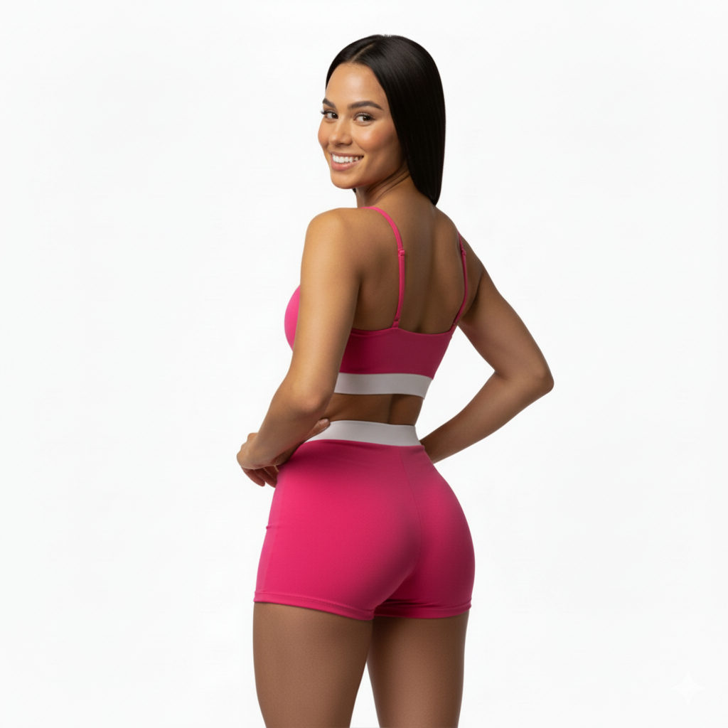 Conjunto Feminino Academia Suplex com Elástico Top e Short Cintura Alta Forrado Sem Transparência
