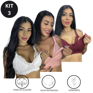 Kit 3 Sutiã Lingerie Amamentação Reforçado Renda Gestante Pós Parto em Oferta na Shopee