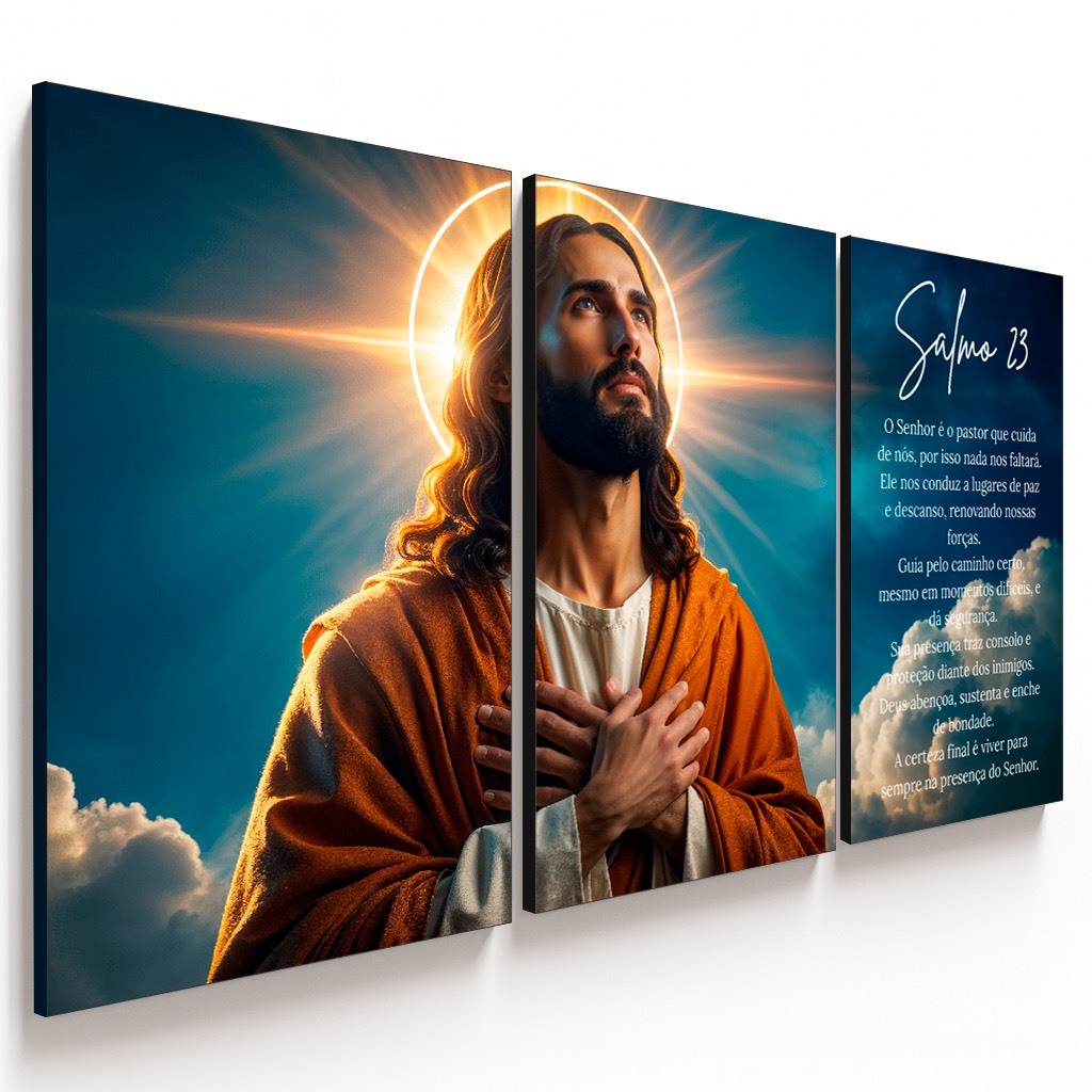 Quadros decorativos Jesus Cristo Salmo 23 Céu Azul (3 peças)