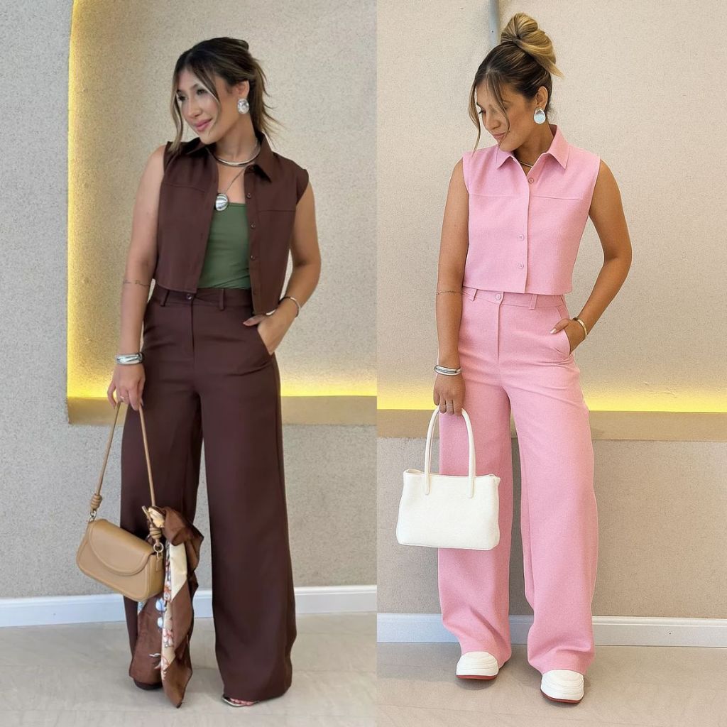 Conjunto Alfaiataria Feminino Clássico Calça Pantalona + Colete Sem Mangas Cintura Alta