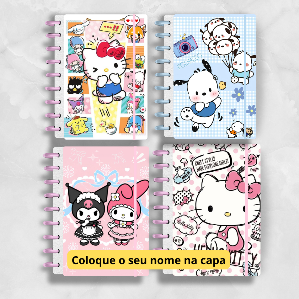 CADERNO DE DISCO INTELIGENTE HELLO KITTY - MINI, P, M, G e (G de 10 MATÉRIAS) - COM NOME