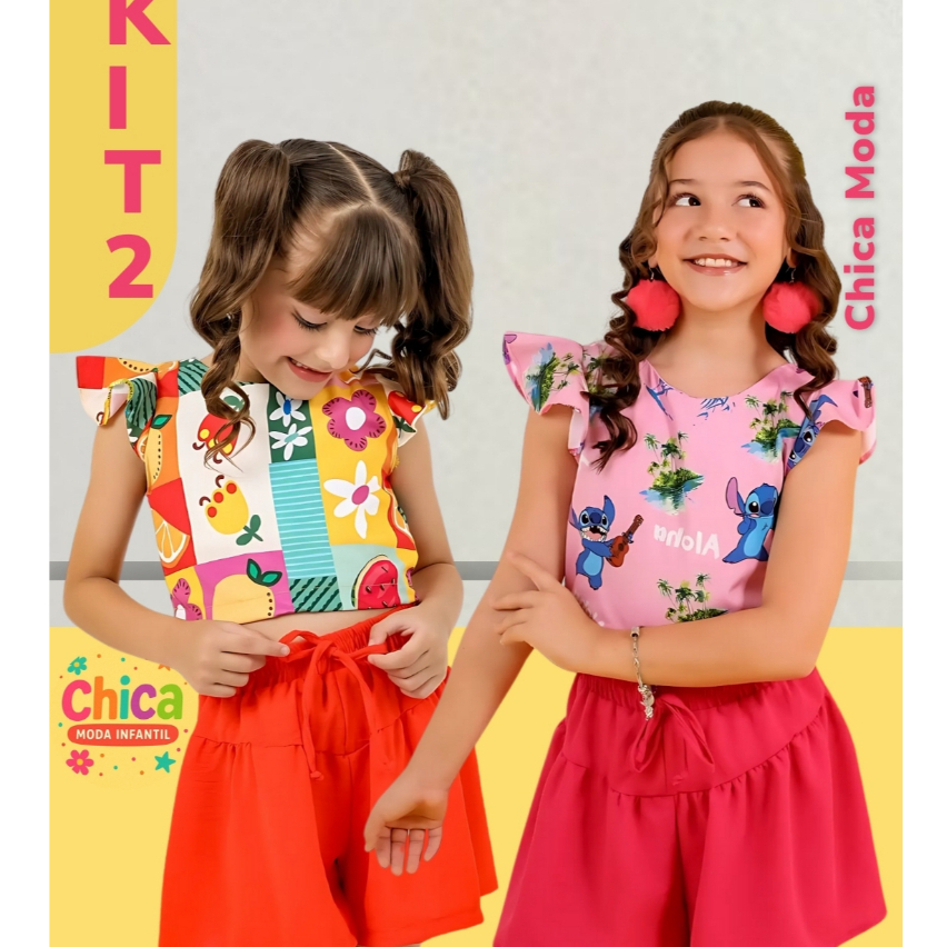 Kit 2 Conjunto Infantil Com Short Meninas 4 a 12 Anos – Confortável, Estiloso e Ideal para o Dia a Dia Passeio Estampa