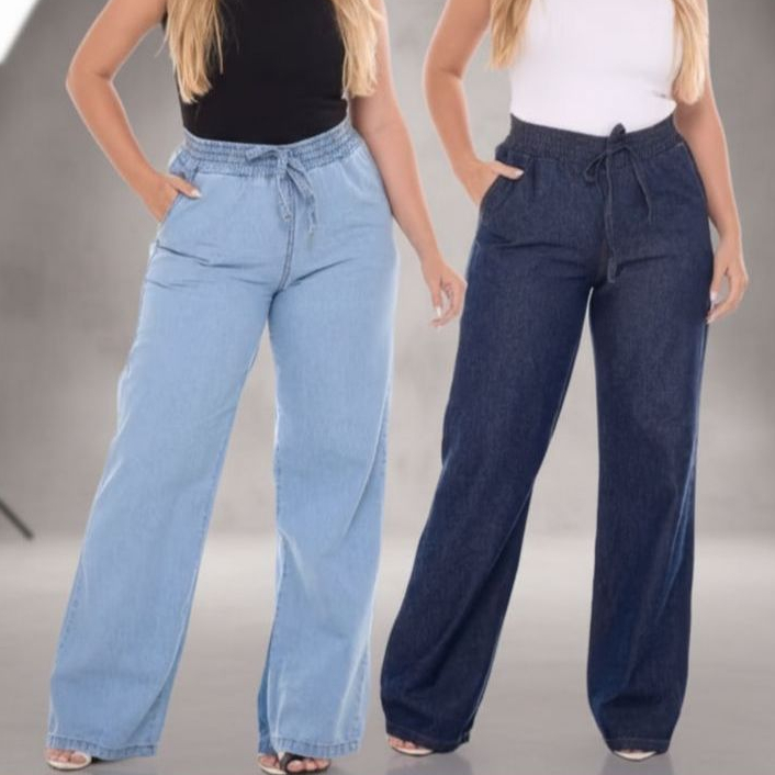 Calça Pantalona Jeans Feminina Wide Leg Cintura Alta Tecido Leve 100% Algodão