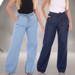 Calça Pantalona Jeans Feminina Wide Leg Cintura Alta Tecido Leve 100% Algodão