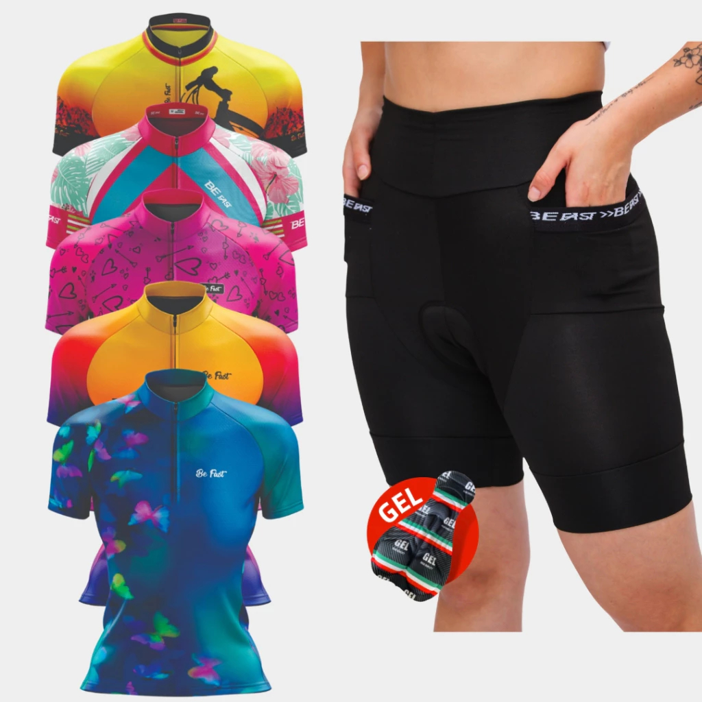 Conjunto feminino ciclismo Be Fast KIT Bermuda GEL camisa Uniforme Ciclista Mulheres Bike
