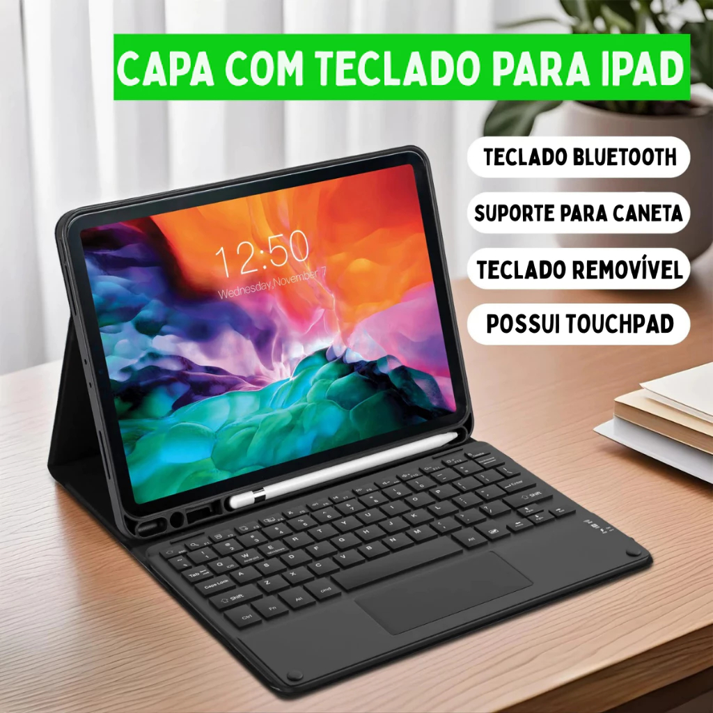 Capa Case com Teclado Bluetooth Para Ipad Air 4ª/5ª/6ª m2/7ª m3 Geração Ipad Min
