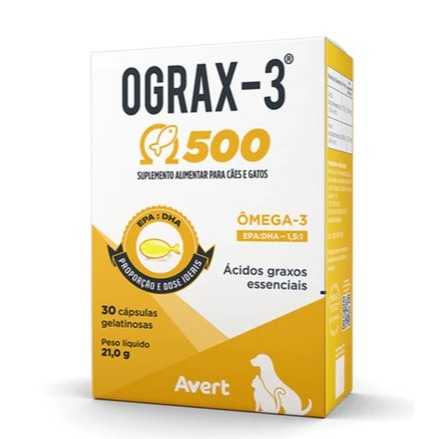 Ograx-3 500 Mg Suplemento Para Cães e Gatos Ômega 3 Avert - 30 Cápsulas