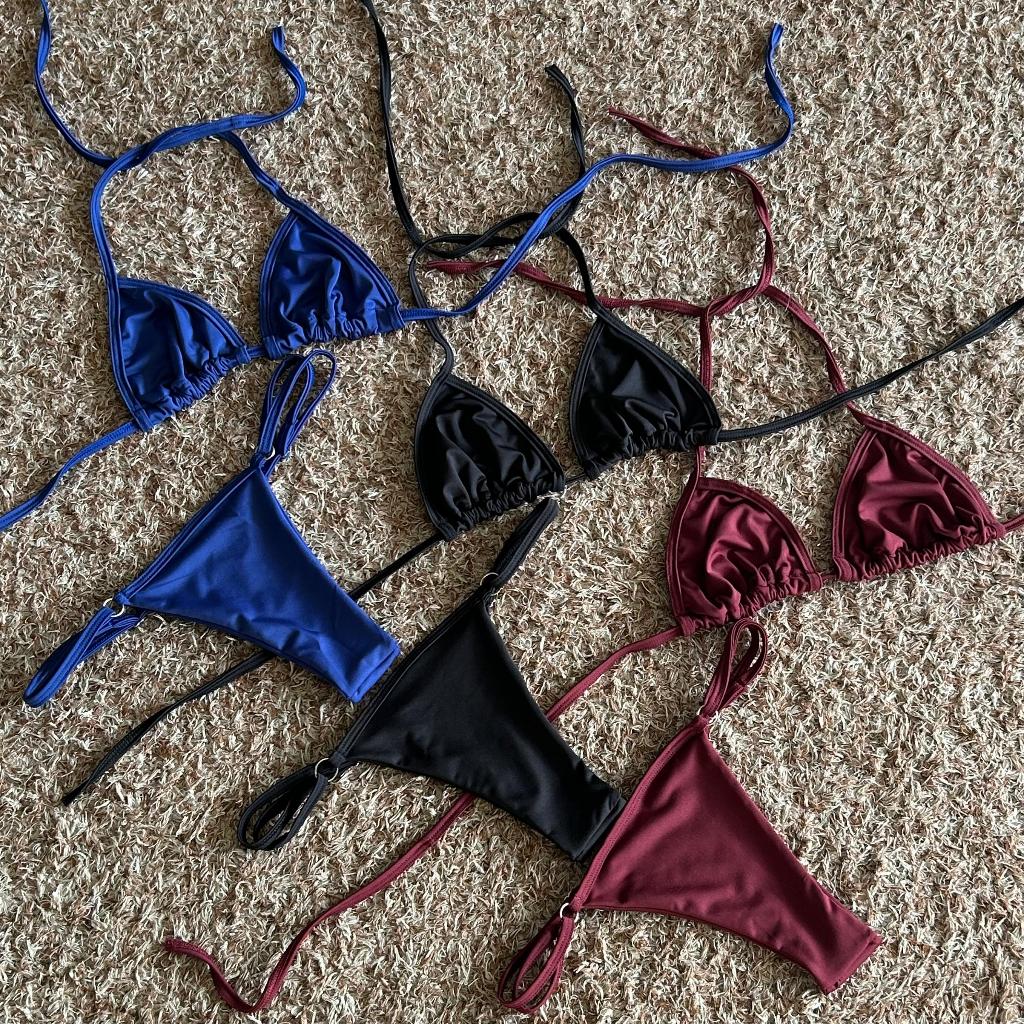 Kit 3 Biquíni Feminino Marquinha De Fita Fio Dental Cortininha Moda Verão Bronze Biquine Suplex Regulagem Sem Bojo Praia