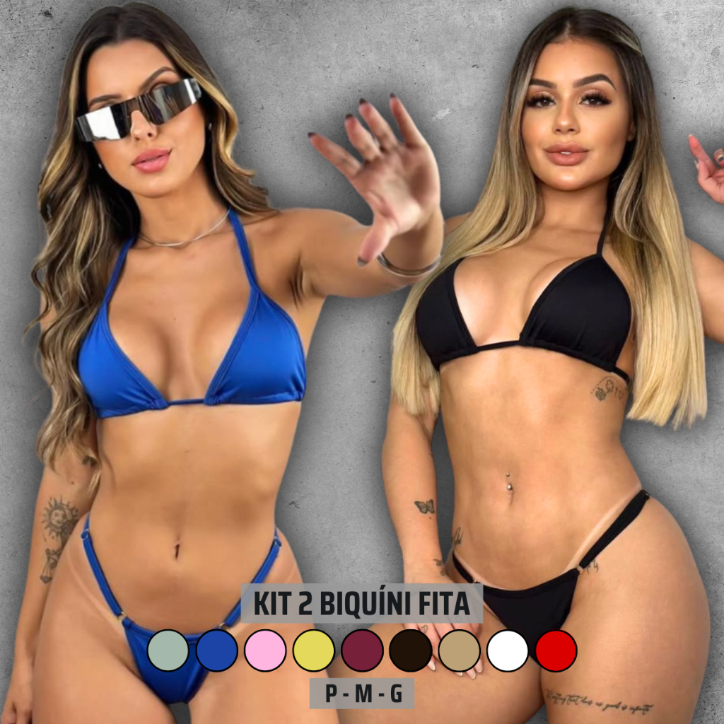 Kit 2 Biquíni Marquinha De Fita Fio Dental Feminino Bronze Cortininha Moda Verão Suplex Biquine Regulagem Sem Bojo Praia