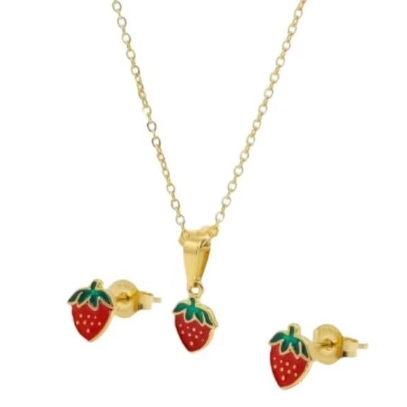 Conjunto Colar + Brinco Morango Banhado a Prata e Ouro Strawberry